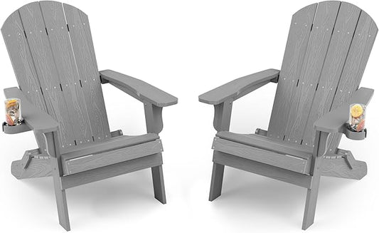 YEFU Adirondack Chair Set of 2, Folding Oversized Plastic Adirondack Chair with Cup Holder, Lawn Chair with Weather Resistant for Outdoor Deck Garden, Weight Capacity Up to 400 Lbs–Grey