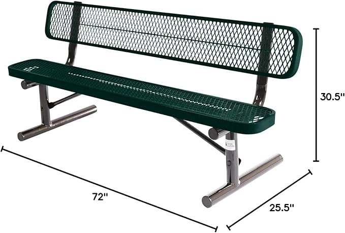 COATEDOUTDOORFURNITURE Heavy-Duty Portable Outdoor Bench Thermoplastic Coated, Expanded Metal, Commercial-Grade Seating, Made in America (Portable with Back, 6 Ft, Textured Dark Green)