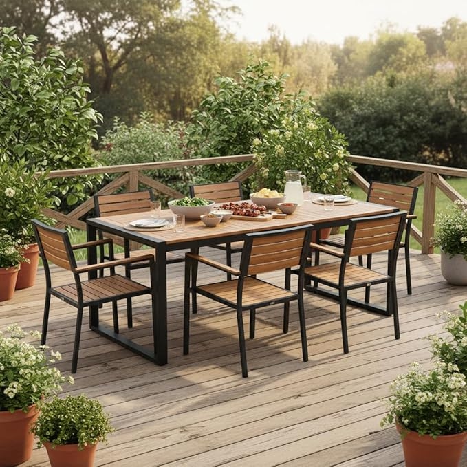 Tangkula 79 Inches Acacia Wood Outdoor Dining Table for 8, Large Rectangular Patio Table with 1.9" Umbrella Hole, Heavy Duty Metal Legs & Adjustable Foot Pads, Outside Table for Patio, Garden, Yard