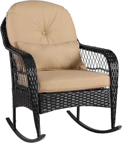 Outdoor Wicker Rocking Chair, All Weather PE Rattan Rocker with Cushion & Pillow, Outdoor Rocking Furniture for Garden, Porch, Backyard, Poolside (Black Rattan+Khaki Cushion)
