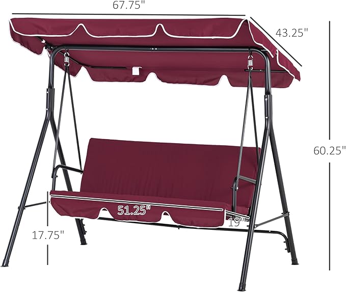 Outsunny 3-Seat Outdoor Patio Swing Chair with Removable Cushion, Steel Frame Stand and Adjustable Tilt Canopy for Patio - Photo 7
