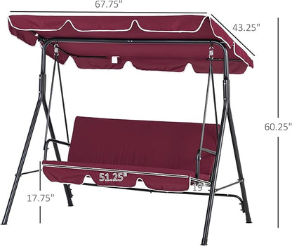 Outsunny 3-Seat Outdoor Patio Swing Chair with Removable Cushion, Steel Frame Stand and Adjustable Tilt Canopy for Patio, Garden, Poolside, Balcony, Backyard, Wine Red
