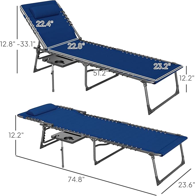Outsunny Folding Chaise Lounge Chair Outdoor Tanning Chair with Side Table, 5-Level Adjustable Beach Lounge Chair with Headrest, Side Pocket for Patio, Backyard, Beach, Poolside, Dark Blue