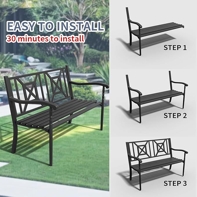 SHGJ&SOFT Garden Bench,Outdoor Bench,Porch Bench,Cast Iron Metal Frame Patio Park Bench,Patio Bench with Backrest and Armrests for Front Porch,Patio,Park,Outdoor Garden,Backyard,Lawn