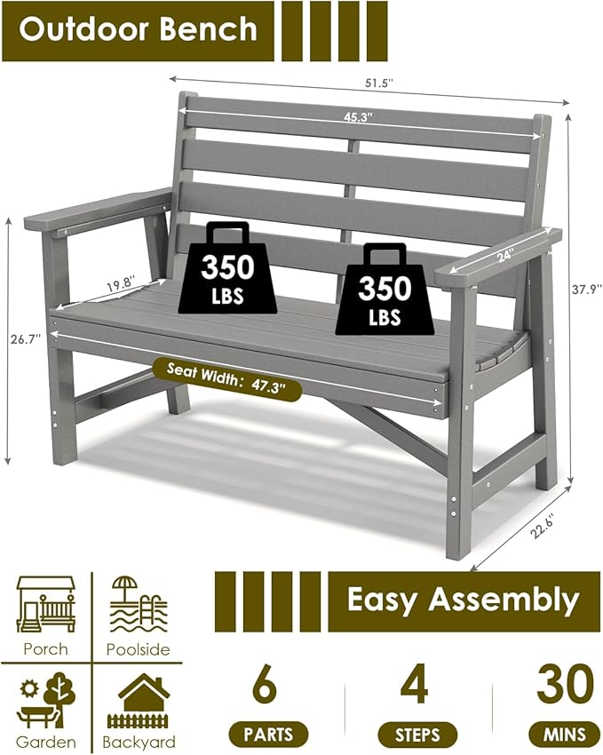 GREENVINES Outdoor Bench | HDPE | Garden Benches | All Weather | for Outdoors Patio Park Porch Outside Backyard - Photo 3