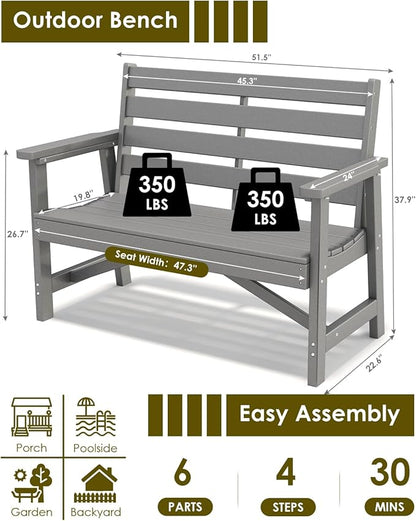 GREENVINES Outdoor Bench | HDPE | Garden Benches | All Weather | for Outdoors Patio Park Porch Outside Backyard | 2-Person | Grey
