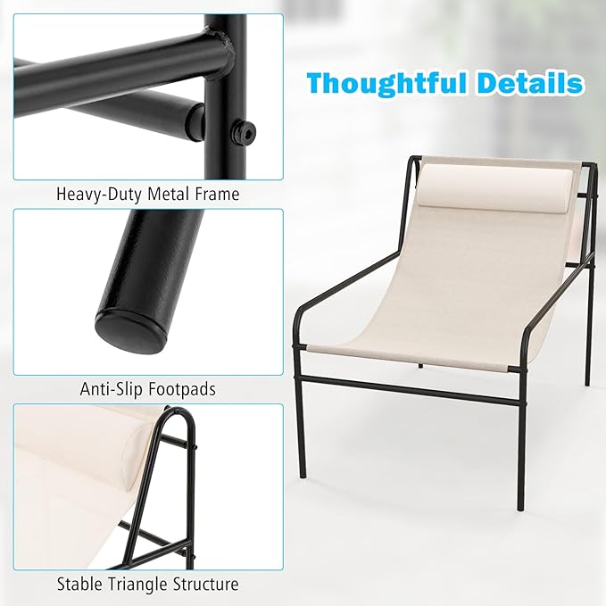 Tangkula Patio Sling Lounge Chair, Modern Sling Accent Chair w/Removable Headrest Pillow, Heavy-Duty Metal Frame, Breathable Seat Fabric, Leisure Chair for Indoor Outdoor, 350 lbs Max Load (2)