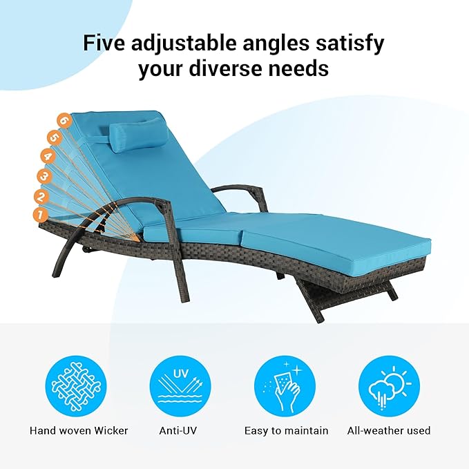 KEIKI Wicker Outdoor Chaise Lounge Chairs Set of 2 for Patio & Pool Side with 5-Level Adjustable Backrest and Cushions - Photo 4