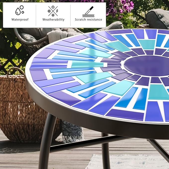 Mosaic Outdoor Side Table, Patio Side Table, Weather Resistant 14" Diameter 21" H Ceramic Tile Round Outside Table for Patio, Porch, Garden, Pool, Indoor&Outdoor,Plant Stand (Vortex)
