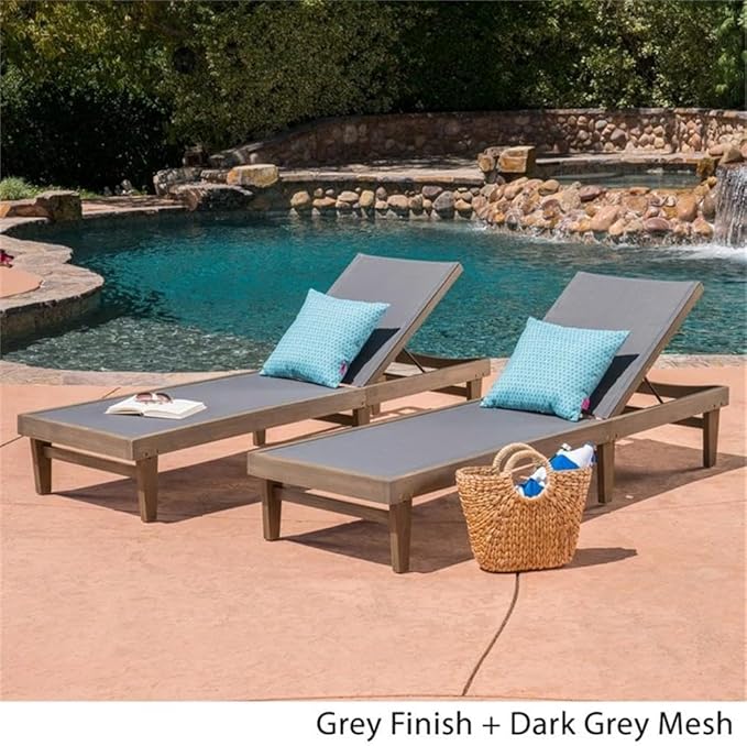Christopher Knight Home Shiny Outdoor Wood Chaise Lounge (Set of 2), Grey Finish/Dark Grey Mesh