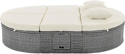 Rattan Patio 2-Person Daybed,Outdoor Sun Bed with Cushions and Pillows,Reclining Chaise Lounge with Adjustable Backrests and Foldable Cup Trays,for Lawn Poolside Deck Backyard (Beige@Cup Trays)
