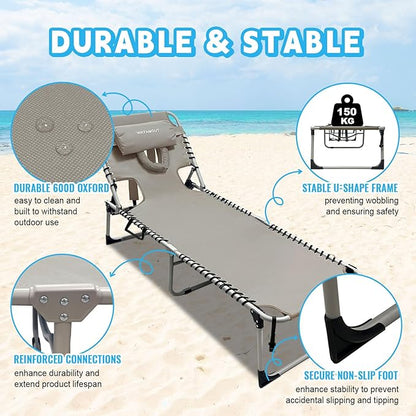Backpack Sun Tanning Chair with Face Hole & Beach Table, 5-Position Adjustable Folding Lounge Chair Outdoor for Lawn Patio Garden