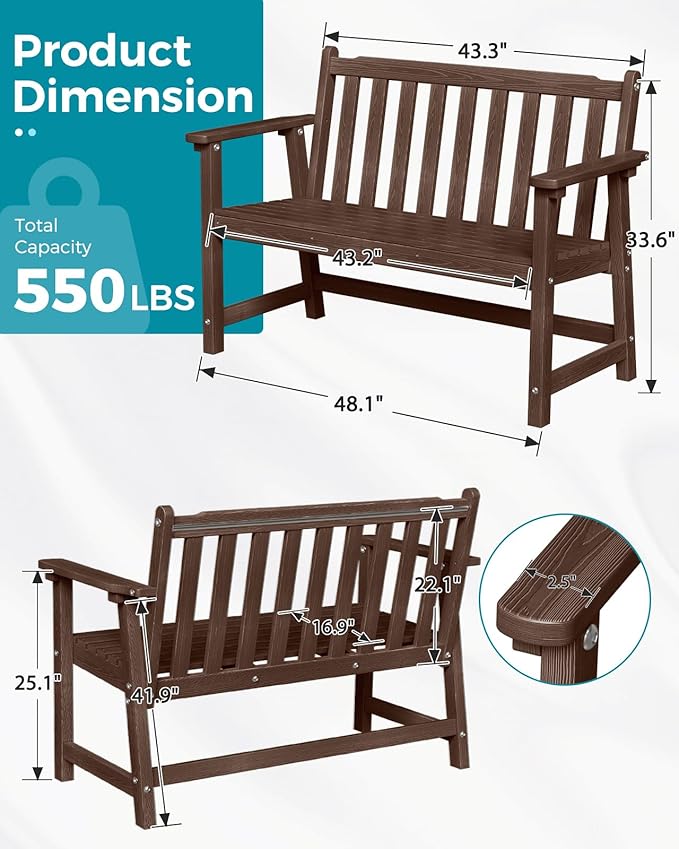 Outdoor Bench, 2-Person HDPE Garden Bench, All Weather Poly Patio Bench for Outdoors, Garden, Backyard, Porch and Park - Photo 3