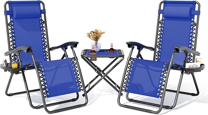 Magshion Folding Zero Gravity Chairs Set of 2, Outdoor Reclining Camping Chairs, Patio Lounge Recliners with Side Table & Cup Holder Tray, Blue