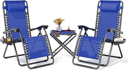 Magshion Folding Zero Gravity Chairs Set of 2, Outdoor Reclining Camping Chairs, Patio Lounge Recliners with Side Table & Cup Holder Tray, Blue