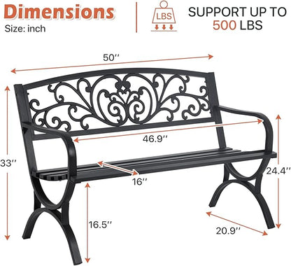 Dkelincs Outdoor Bench Patio Metal Bench 50 Inch Garden Bench Front Porch Bench w/Floral Design Backrest for Park, Yard, Porch, Lawn, Balcony, Backyard, Black
