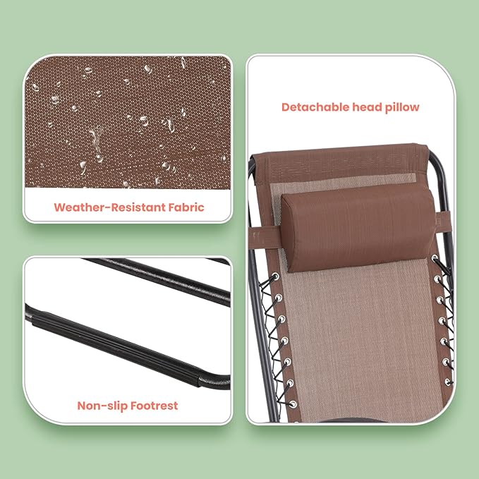 PayLessHere Adjustable Lounge Chair Beach Chair Zero Gravity Chair Folding Textilene Lawn Patio Chair with Removable Pillow and Cup Holder for Poolside Backyard Lawn Beach Set of 2,Brown