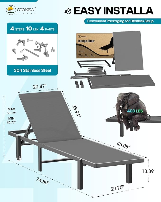 Ciokea Patio Chaise Lounge Chair Set of 2, Outdoor Lounge Chairs with Wheels, 5-Position Adjustable Sun Loungers for Pool, Deck, Beach, Grey