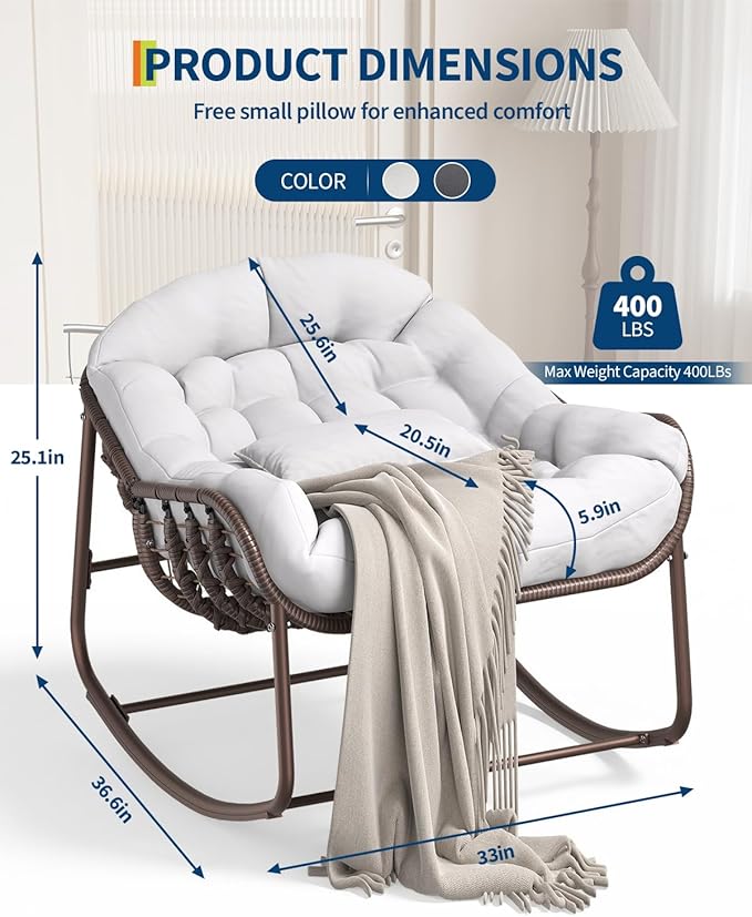 GarveeLife Outdoor Papasan Rocking Chair, Oversized Wicker Lounge Chair with Cushion and Metal Frame, Patio Rattan Egg Rocker for Balcony Backyard Porch Bedroom, White