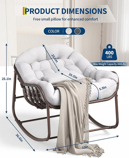 GarveeLife Outdoor Papasan Rocking Chair, Oversized Wicker Lounge Chair with Cushion and Metal Frame, Patio Rattan Egg Rocker for Balcony Backyard Porch Bedroom, White
