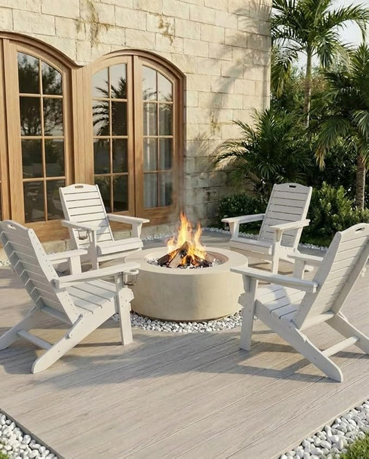 Folding Adirondack Chair with Retractable Ottoman, Weather Resistant Fire Pit Chair Patio Chair with 2 Cup Holder Lawn Outdoor Lounge Chair (White)