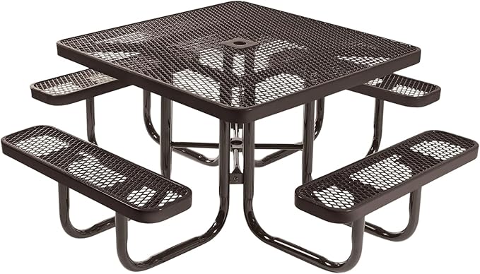 COATEDOUTDOORFURNITURE Heavy-Duty Portable Outdoor Picnic Table with Umbrella Hole, Expanded Metal Commercial-Grade Patio Dining Furniture Made in America (46" Square Top, Brown with Brown Frames)