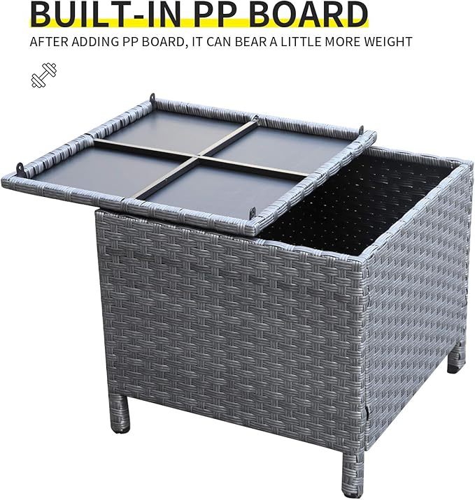 Outdoor Wicker Storage Side Table, Patio Grey PE Rattan End Table with Storage, Square Container for Furniture Covers, Toys, and Gardening Tools