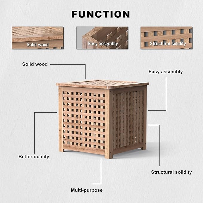 Wooden Grid Side Table for Indoor/Outdoor,Small Coffee Table for Boho Corner/Patio/Living Room,Storage Bin Deck Box for Cushions,Toys,Furniture Covers,Etc.Original Wood Color