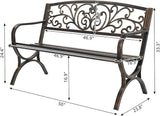 50-Inch Outdoor Garden Bench, Cast Iron Metal Frame with Floral Backrest, Bronze Patio Bench for Porch, Lawn, or Park - Photo 3