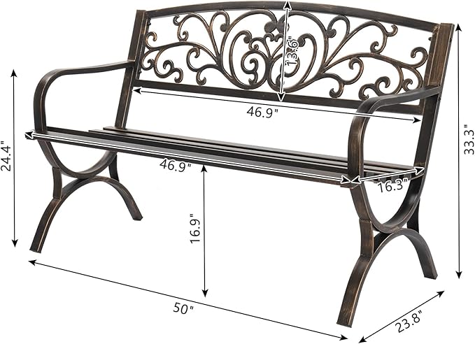 Outdoor Garden Bench, Cast Iron Metal Frame Patio Park Bench with Floral Pattern Backrest, Arch Legs for Porch, Lawn