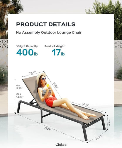 Patio Chaise Lounge Chair, Foldable Lounge Chair for Outside, Aluminum Chairs Set of 2 with 5 Adjustable Backrest, Outdoor Pool Lounger for Poolside, Lawn, Deck, Khaki