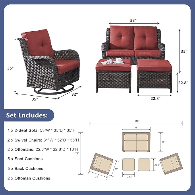 Rilyson Wicker Patio Furniture Set - 5 Piece Rattan Outdoor Sectional Conversation Sets with 2 Rocking Swivel Chairs - Photo 2