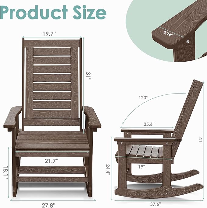 IVY&LANE Rocking-Chair-Outdoor | Porch-Rocker | Dark Brown Wood Grain | HDPE Plastic | All-Weather | High Back | Wide Seat | Oversized Patio Rocker for Adult | for Outside Deck Balcony Garden