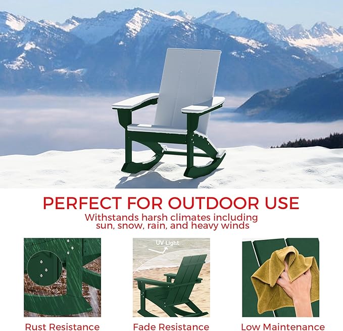 Costaelm Outdoor Adirondack Chair, All Weather Resistant Lawn Chairs Balcony Chair and Fire Pit Chairs, Patio Chair Outdoor Porch Rocking Chair High Back HDPE Poly Lumber, Dark Green
