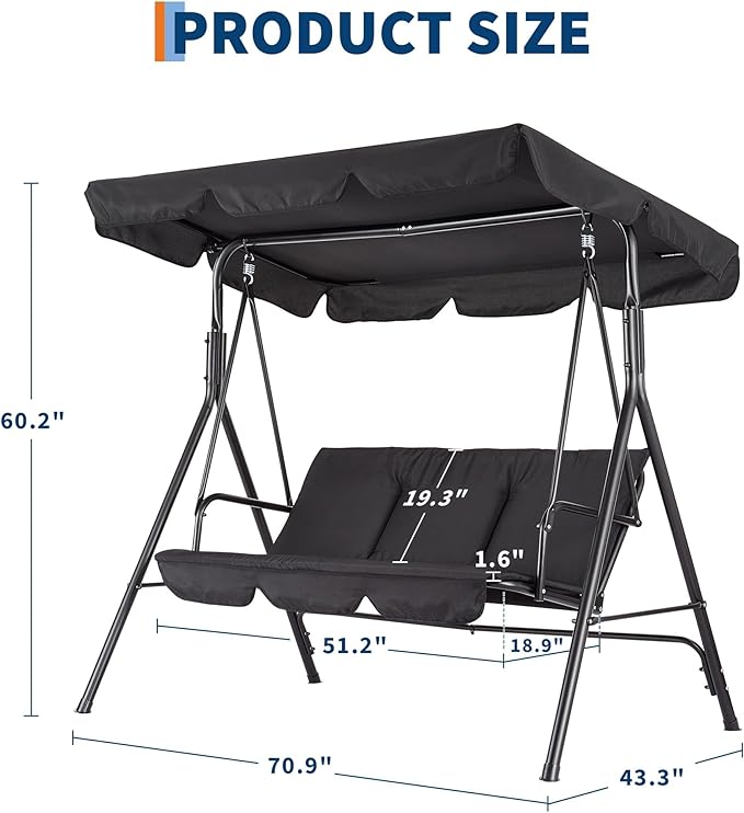 Outdoor Swing Chair with Adjustable Canopy - 3 Seat Glider Bench with Thickened Cushions for Patio, Garden, Backyard Black