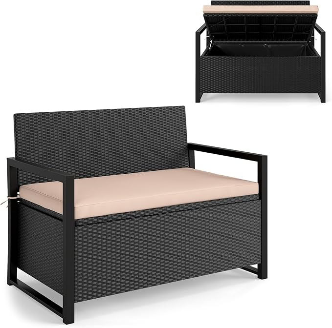 RELAX4LIFE Wicker Outdoor Bench with Storage - Rattan Deck Box w/Protective Liner for Pillows, Pool Supplies - Photo 1