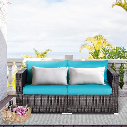 Tangkula 2 Seat Outdoor Wicker Loveseat Sofa Set, Modular PE Rattan 2 Pieces Outdoor Wicker Corner Sofa, Outside Furniture Set for Deck, Backyard, Porch, Garden & Poolside, Turquoise