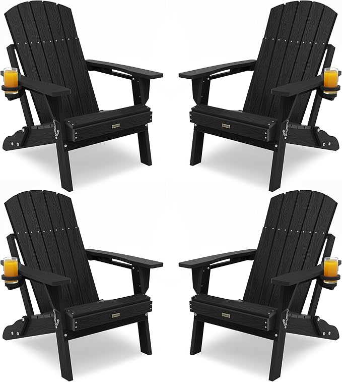 Adirondack Chairs Set of 4, Folding Plastic Adirondack Chairs with Cup Holder, Composite Adirondack Chair for Outdoor, Patio,Garden (Black)