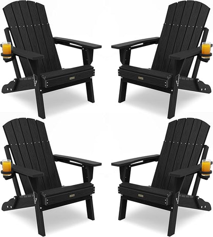 Adirondack Chairs Set of 4, Folding Plastic Adirondack Chairs with Cup Holder, Composite Adirondack Chair for Outdoor, Patio,Garden (Black)