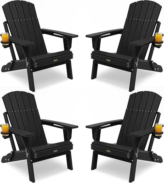 Adirondack Chairs Set of 4, Folding Plastic Adirondack Chairs with Cup Holder, Composite Adirondack Chair for Outdoor, Patio,Garden (Black)