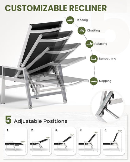 Patio Chaise Lounge Chair Outdoor with Wheels&Armrests, Aluminum Pool Lounge Chairs Set of 2 Five-Position Adjustable Recliner, Outdoor Beach Lounge Chairs for Poolside, Patio, Deck, Garden, Black