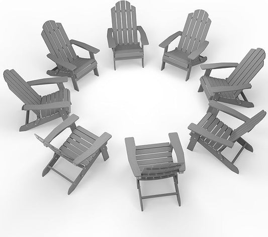 MXIMU Folding Adirondack Chair for Outdoor: Easy to Assemble and Comfortable Adirondack Chairs Set of 8 - All Weather Composite Plastic Chair for Outside Fire Pit Patio Lawn Garden Backyard Use(Grey)