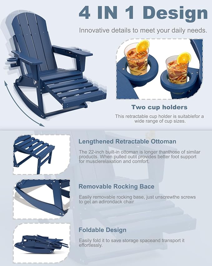 Adirondack Rocking Chairs Set of 8 with Retractable Ottoman, All Weather Folding Adirondack Chair with Two Cup Holders, Adirondack Outdoor Rocking Chairs for Porch, Patio, Balcony. Navy Blue