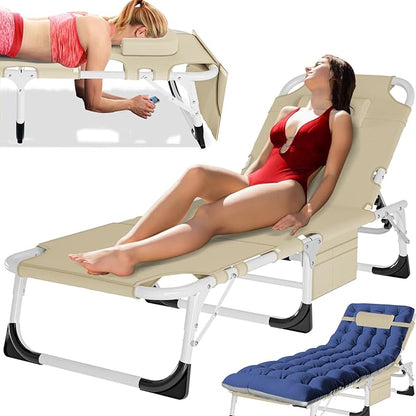 MOPHOTO Oversized Beach Lounge Chair, 5-Position Adjustable Tanning Chair with Face Hole, Heavy Duty Folding Chaise Lounge for Beach, Pool, Patio & Sunbathing