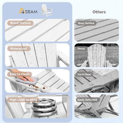 Mdeam 3-Position Adjustable Adirondack Chairs Set of 4, 400LBS Capacity, Cup Holder, Wooden Textured, All-Weather HDPE Folding Fire Pit Outdoor Chairs for Poolside Deck Patio Garden Yard Lawn - White