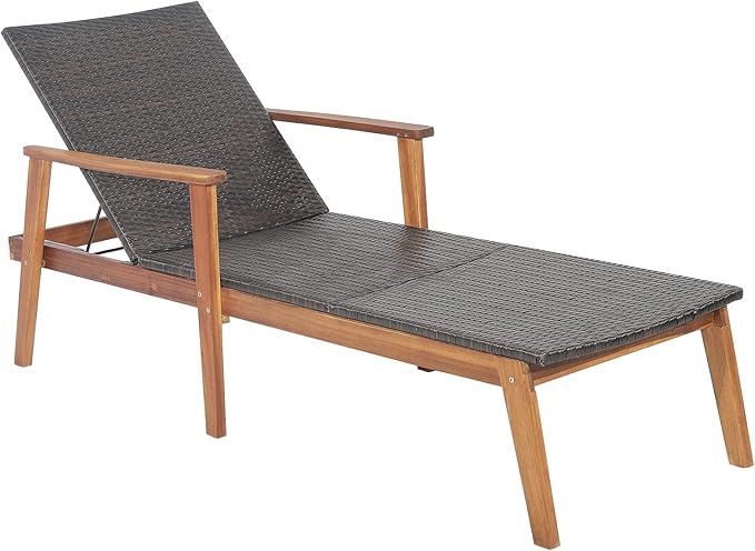 COSTWAY Patio Rattan Chaise Lounge Chair Recliner Back Adjustable Acacia Wood Garden - Photo 1