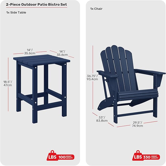 Costaelm Lakeview 3-Piece Outdoor Patio HDPE Adirondack Chair with Cup Holder and Table Set, Navy Blue