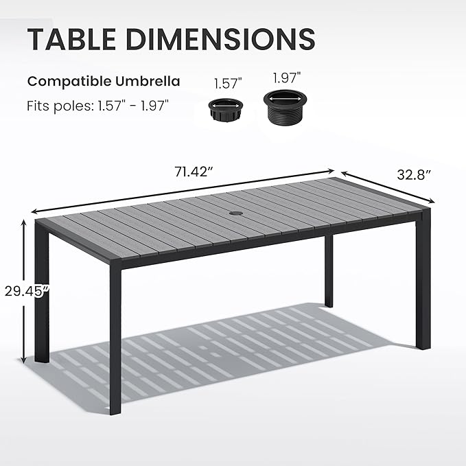 Crestlive Products Outdoor Dining Table for 6, 71in Aluminum Patio Table with Umbrella Hole Weather-Resistant Rectangle Outside Table for Garden Backyard Indoor, Grey