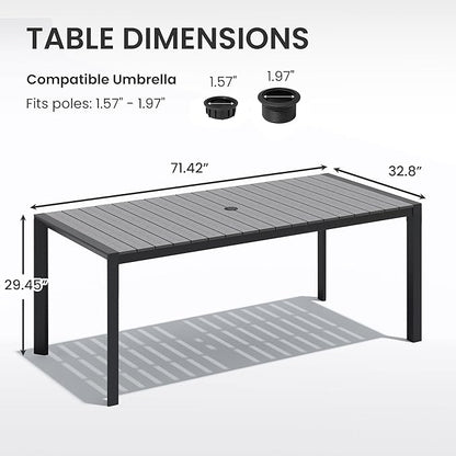 Crestlive Products Outdoor Dining Table for 6, 71in Aluminum Patio Table with Umbrella Hole Weather-Resistant Rectangle Outside Table for Garden Backyard Indoor, Grey