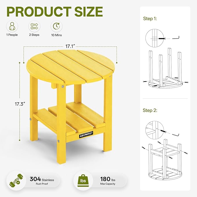 Outdoor Side Table Round - Patio Side Tables - HDPE Small Outdoor End Table for Backyard Pool Porch Balcony - Double Layer Storage - Yellow (Wood Grain Finish)